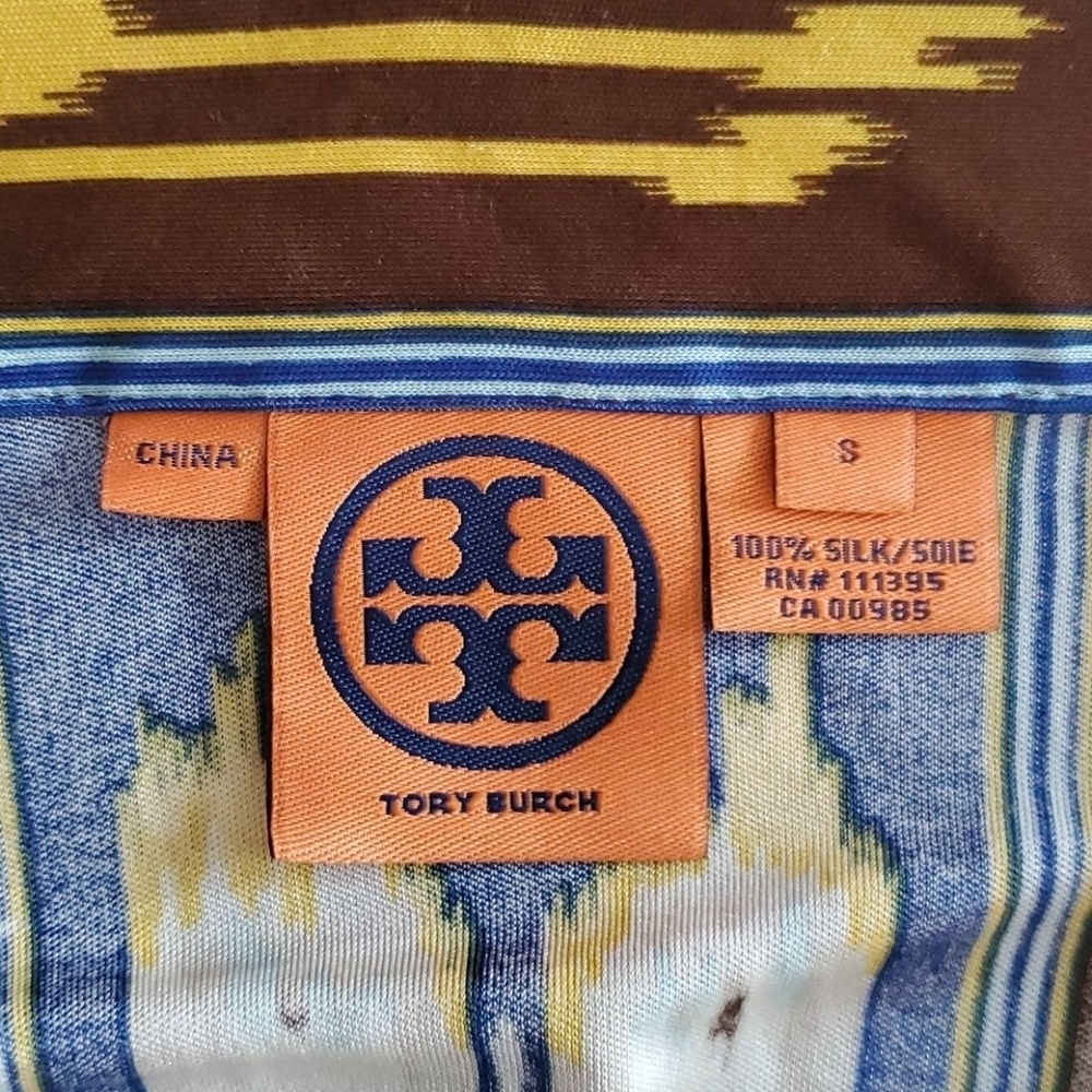 Tory Burch 100% Silk Ikat Resort Midi Dress Blue Yellow Small - Picture 8 of 10